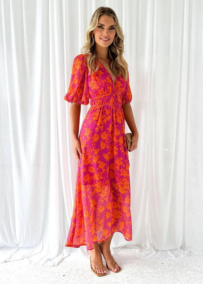 Women's Floral V-Neck Maxi Wedding Guest Dress with Puff Sleeves