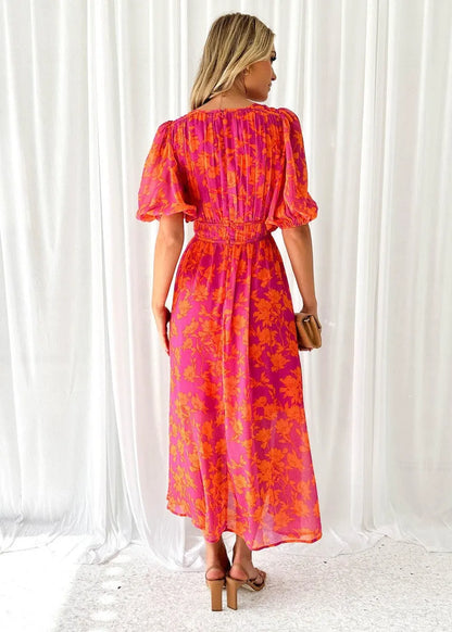 Women's Floral V-Neck Maxi Wedding Guest Dress with Puff Sleeves
