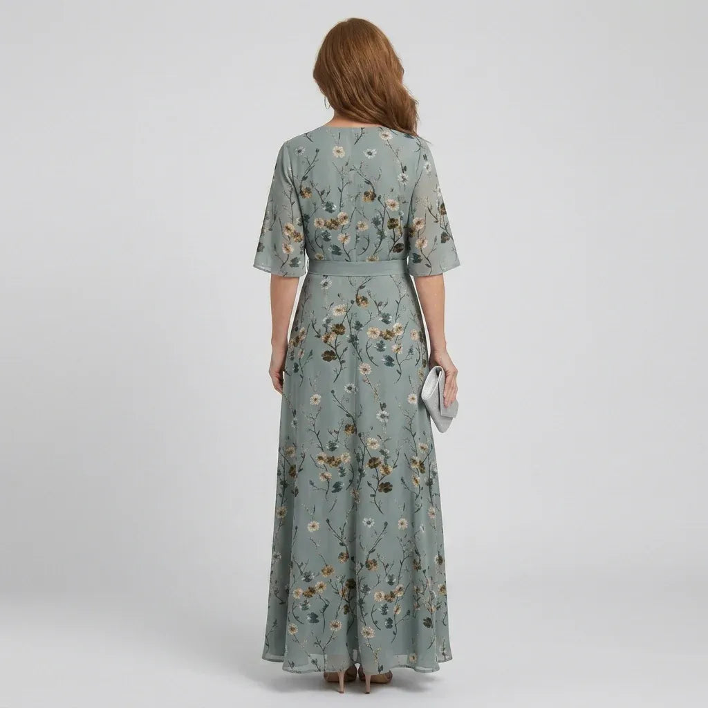 Women’s Floral Wrap Maxi Wedding Guest Dress with Loose sleeves