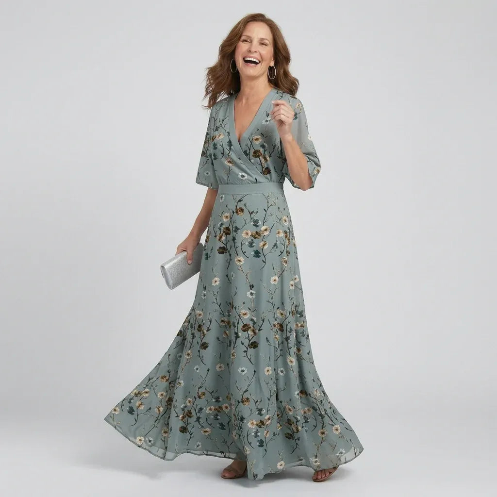 Women’s Floral Wrap Maxi Wedding Guest Dress with Loose sleeves