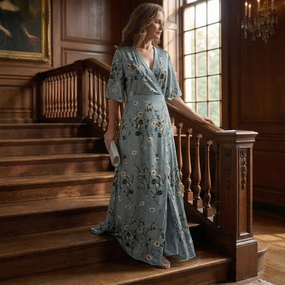 Women’s Floral Wrap Maxi Wedding Guest Dress with Loose sleeves