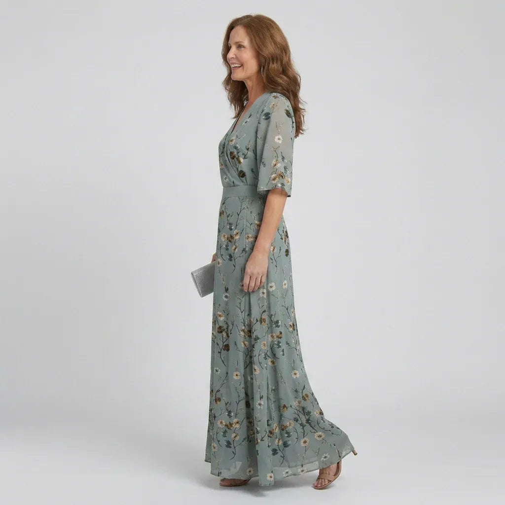 Women’s Floral Wrap Maxi Wedding Guest Dress with Loose sleeves