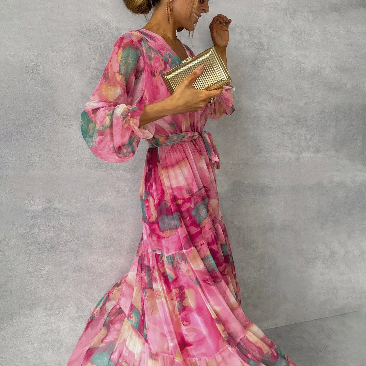 Women's Floral Wrap Maxi Wedding Guest Dress with V-Neck