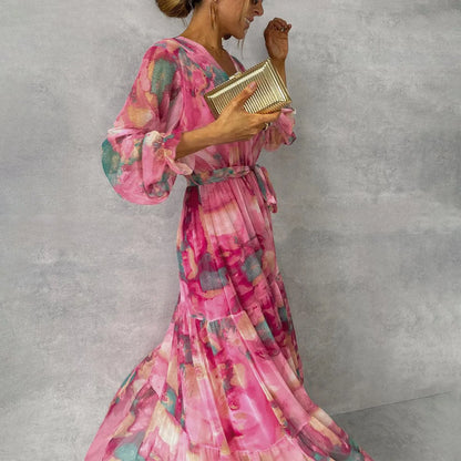 Women's Floral Wrap Maxi Wedding Guest Dress with V-Neck