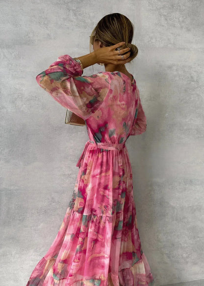 Women's Floral Wrap Maxi Wedding Guest Dress with V-Neck