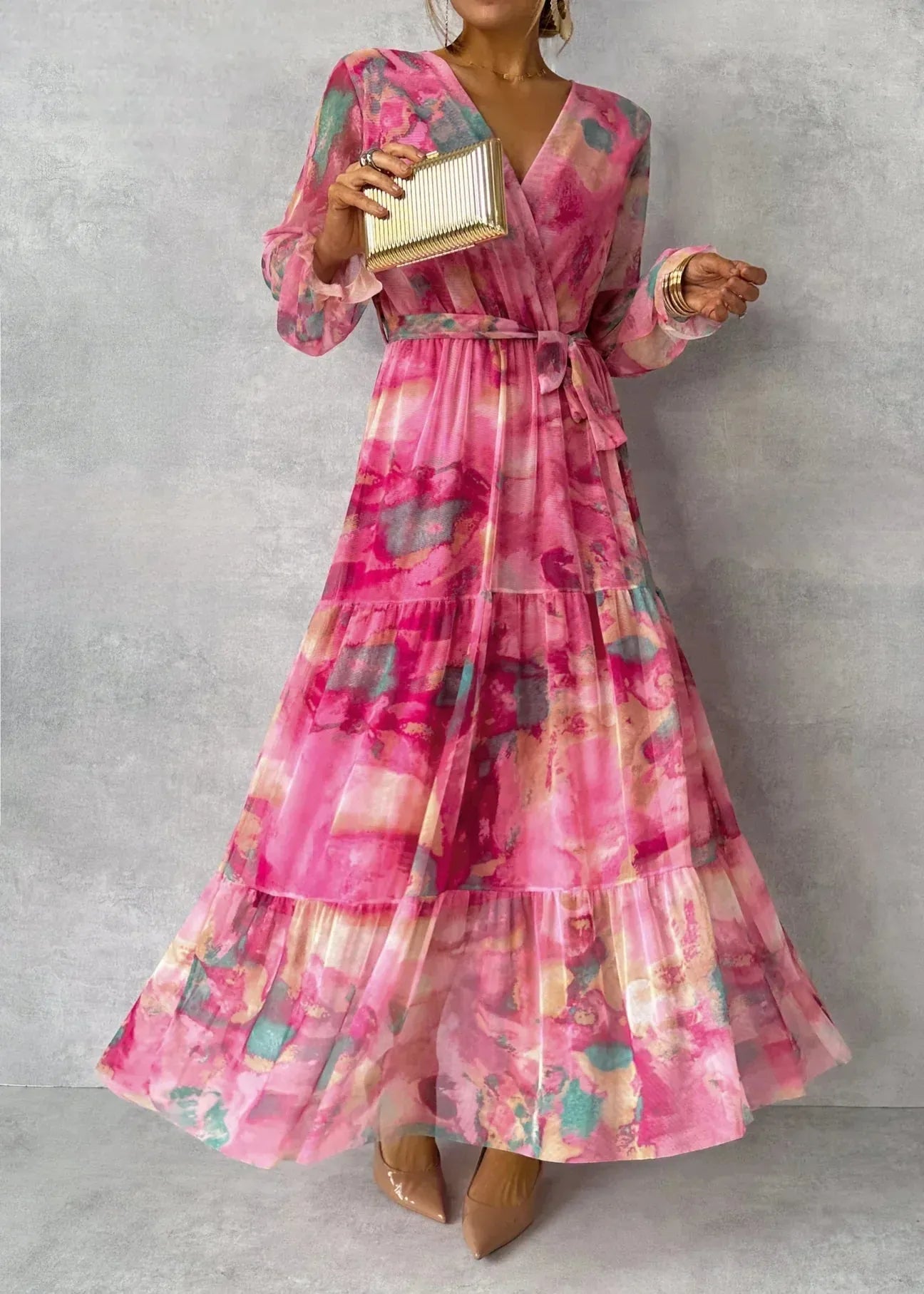 Women's Floral Wrap Maxi Wedding Guest Dress with V-Neck