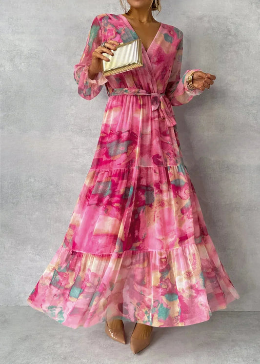 Women's Floral Wrap Maxi Wedding Guest Dress with V-Neck