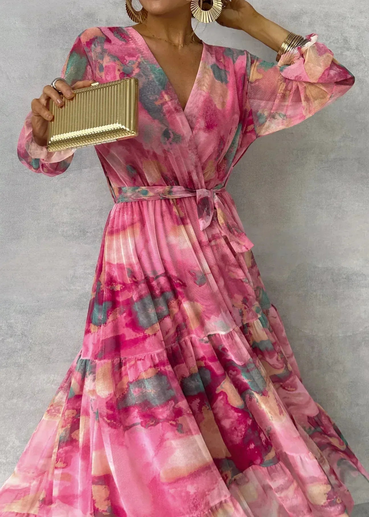 Women's Floral Wrap Maxi Wedding Guest Dress with V-Neck