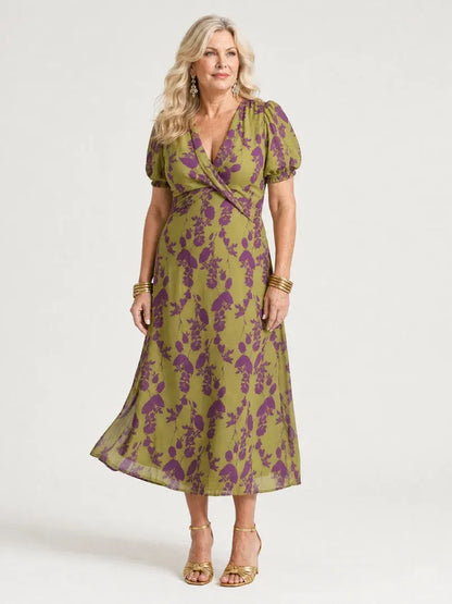 Women’s Floral Wrap Midi Wedding Guest Dress with Puff Sleeves