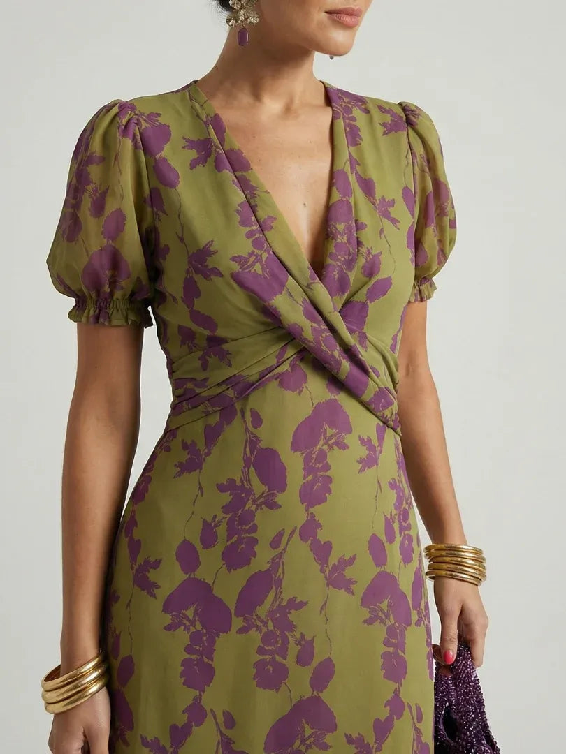 Women’s Floral Wrap Midi Wedding Guest Dress with Puff Sleeves
