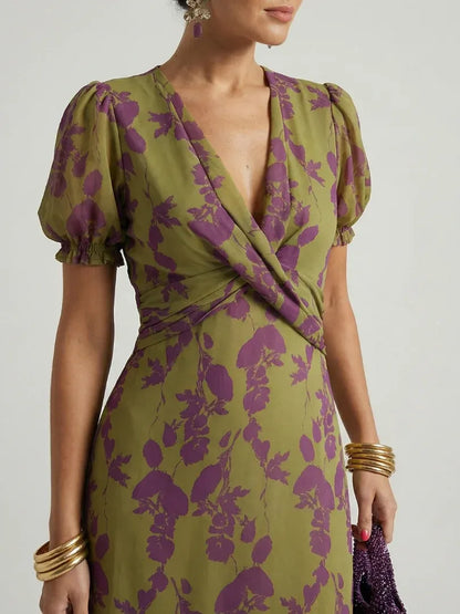 Women’s Floral Wrap Midi Wedding Guest Dress with Puff Sleeves