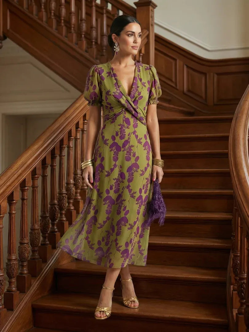 Women’s Floral Wrap Midi Wedding Guest Dress with Puff Sleeves