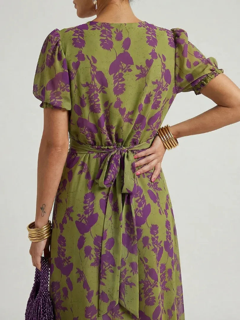 Women’s Floral Wrap Midi Wedding Guest Dress with Puff Sleeves
