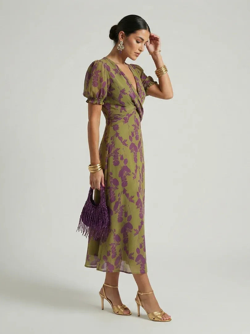 Women’s Floral Wrap Midi Wedding Guest Dress with Puff Sleeves