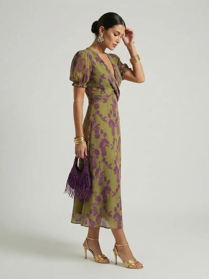 Women’s Floral Wrap Midi Wedding Guest Dress with Puff Sleeves