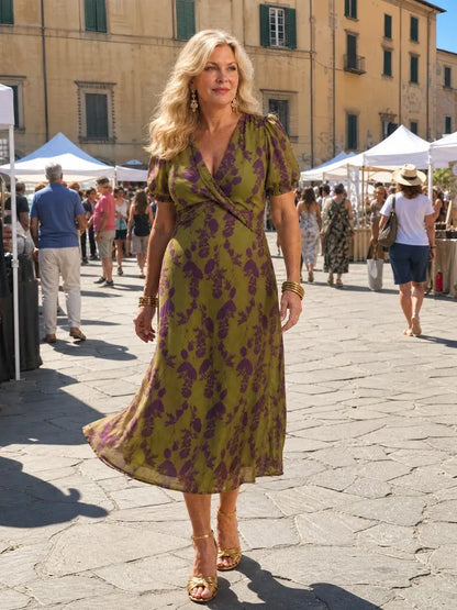 Women’s Floral Wrap Midi Wedding Guest Dress with Puff Sleeves