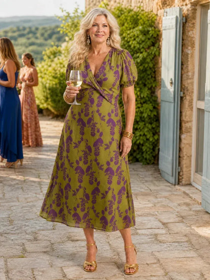 Women’s Floral Wrap Midi Wedding Guest Dress with Puff Sleeves