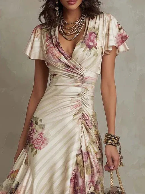 Women's Floral Wrap Midi Wedding Guest Dress with V-Neck