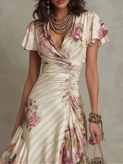 Women's Floral Wrap Midi Wedding Guest Dress with V-Neck