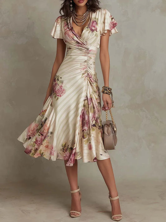 Women's Floral Wrap Midi Wedding Guest Dress with V-Neck