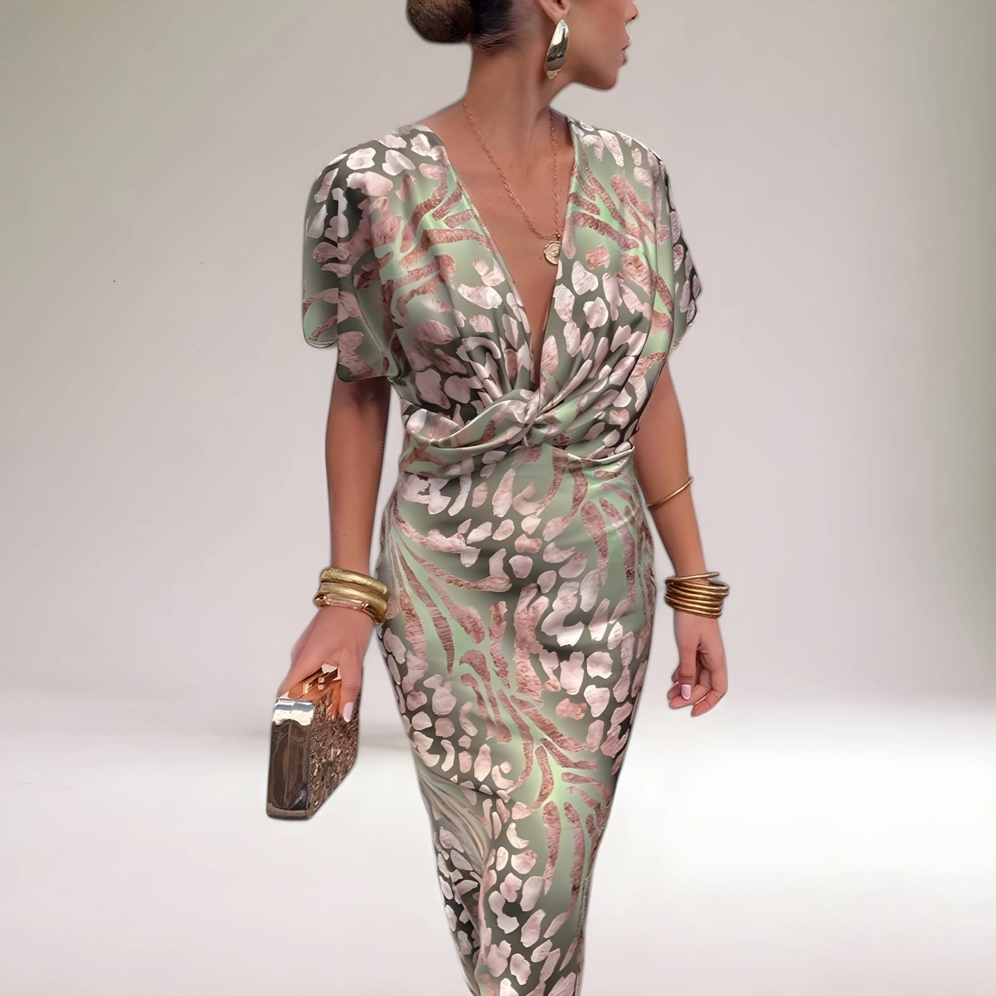 Women's Flowy Elegant Maxi Wedding Guest Dress with V-Neck