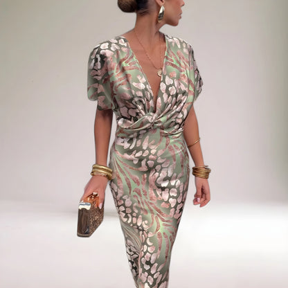 Women's Flowy Elegant Maxi Wedding Guest Dress with V-Neck