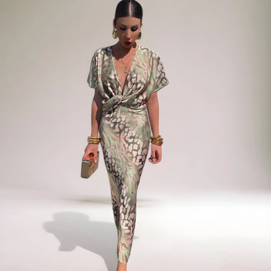 Women's Flowy Elegant Maxi Wedding Guest Dress with V-Neck