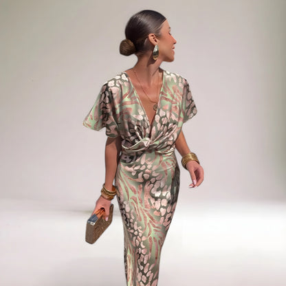 Women's Flowy Elegant Maxi Wedding Guest Dress with V-Neck