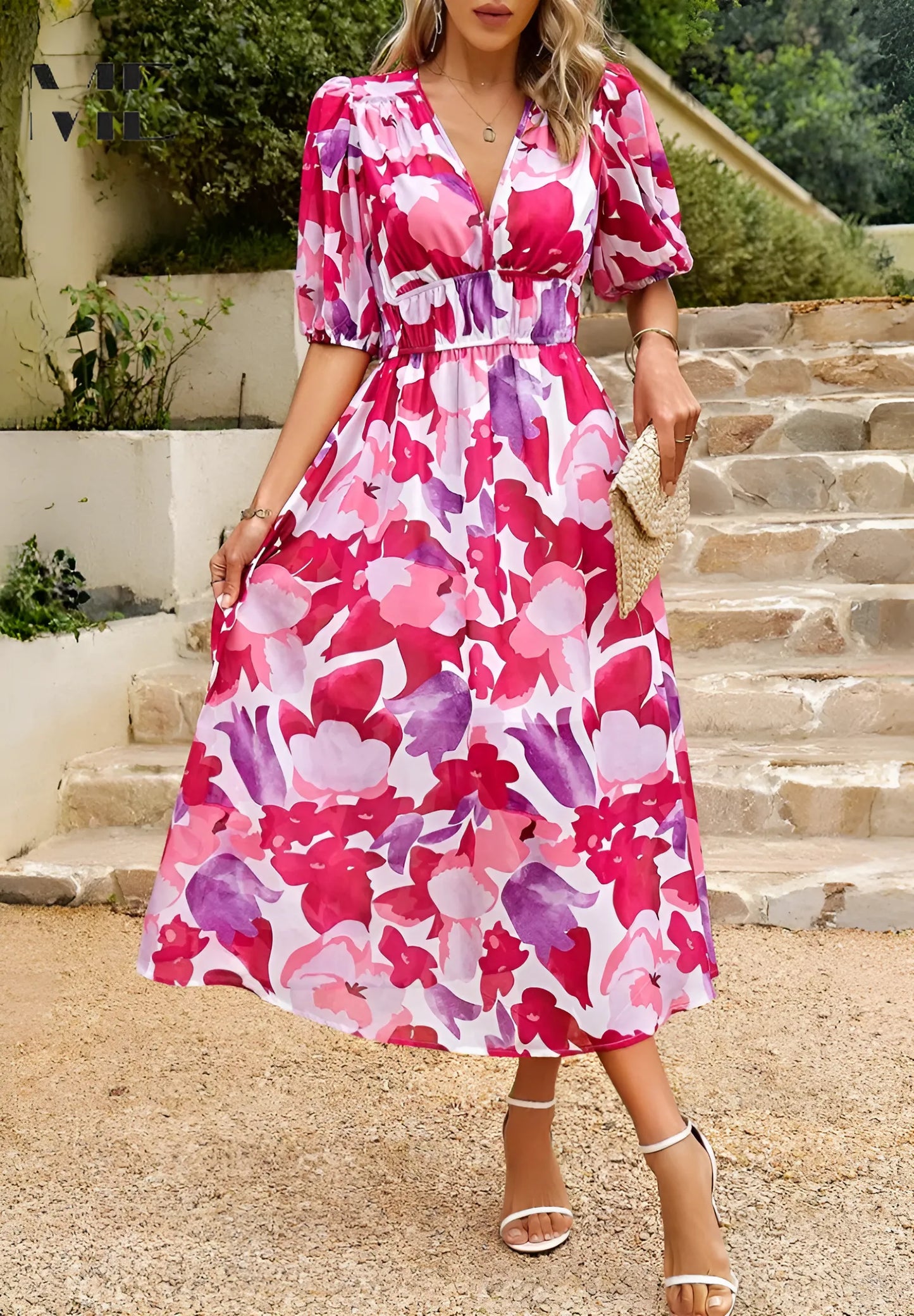 Women's Flowy Elegant Midi Wedding Guest Dress with Puff Sleeve