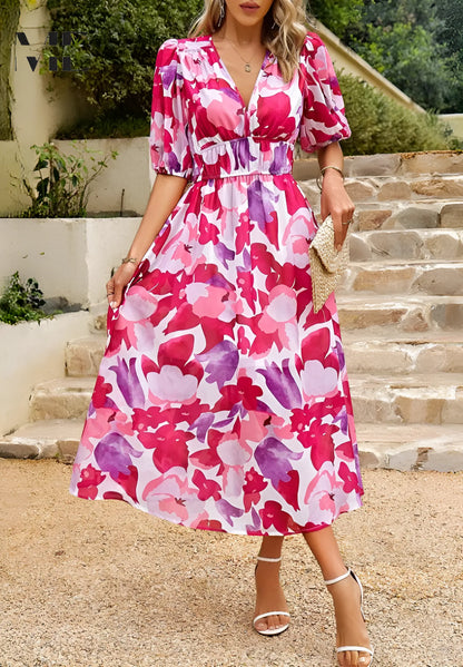 Women's Flowy Elegant Midi Wedding Guest Dress with Puff Sleeve