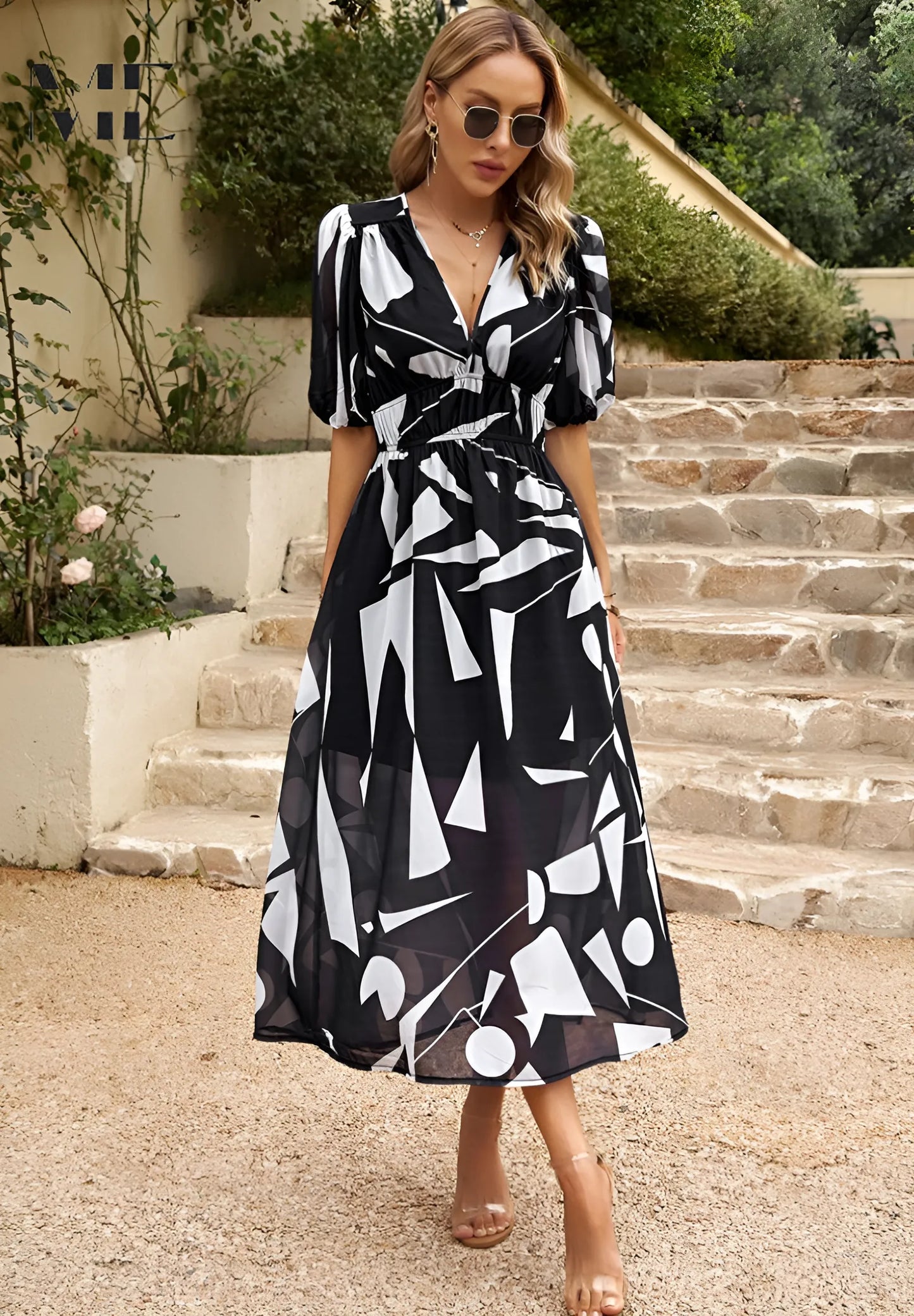 Women's Flowy Elegant Midi Wedding Guest Dress with Puff Sleeve