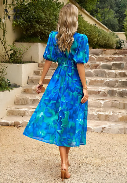 Women's Flowy Elegant Midi Wedding Guest Dress with Puff Sleeve