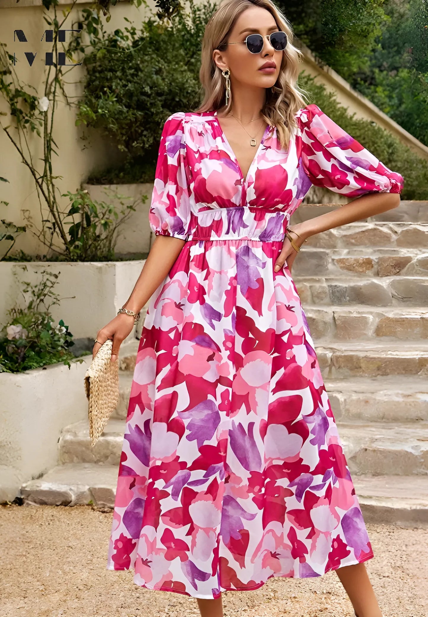 Women's Flowy Elegant Midi Wedding Guest Dress with Puff Sleeve