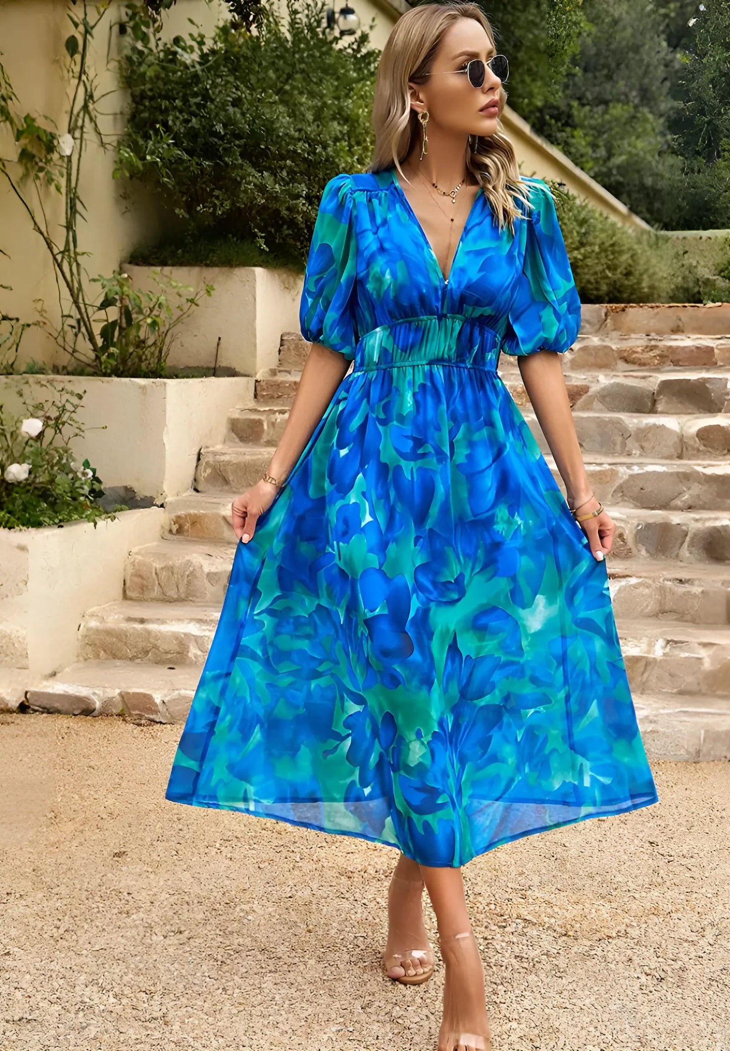 Women's Flowy Elegant Midi Wedding Guest Dress with Puff Sleeve