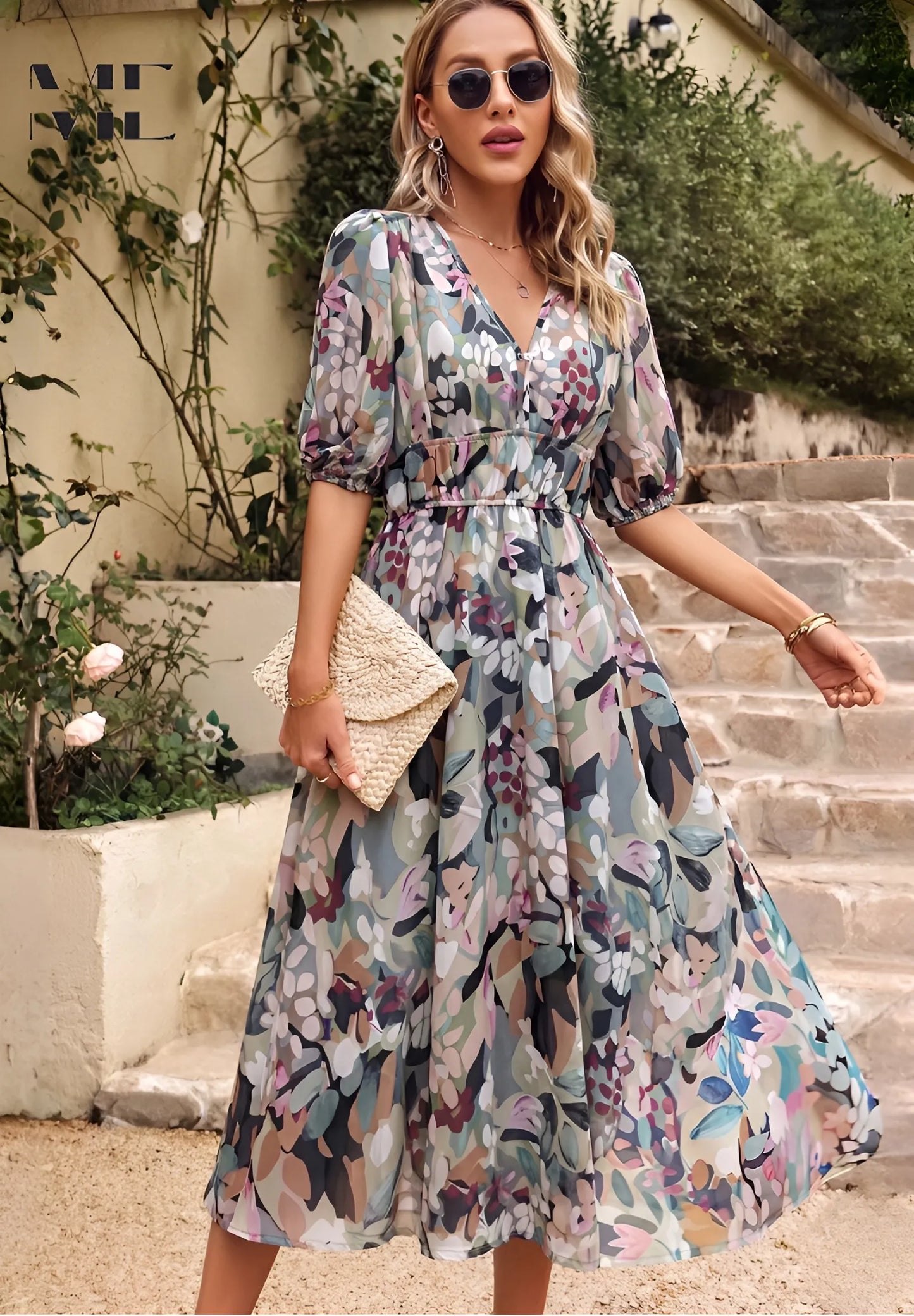 Women's Flowy Elegant Midi Wedding Guest Dress with Puff Sleeve