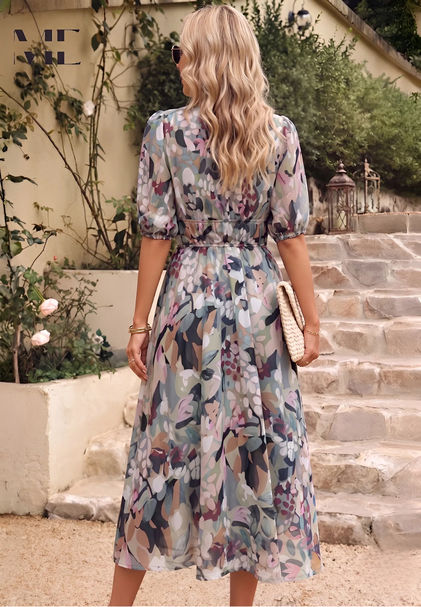 Women's Flowy Elegant Midi Wedding Guest Dress with Puff Sleeve