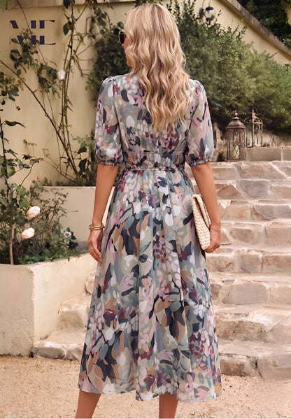 Women's Flowy Elegant Midi Wedding Guest Dress with Puff Sleeve