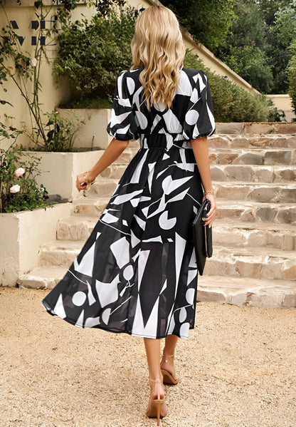 Women's Flowy Elegant Midi Wedding Guest Dress with Puff Sleeve