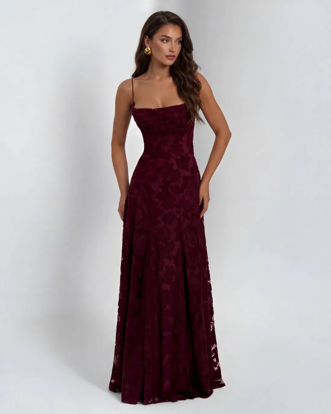 Women's Flowy Floral Maxi Wedding Guest Dress with Straight Neckline