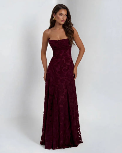 Women's Flowy Floral Maxi Wedding Guest Dress with Straight Neckline