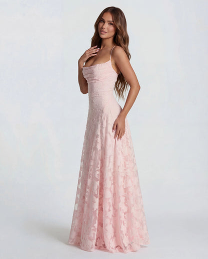 Women's Flowy Floral Maxi Wedding Guest Dress with Straight Neckline
