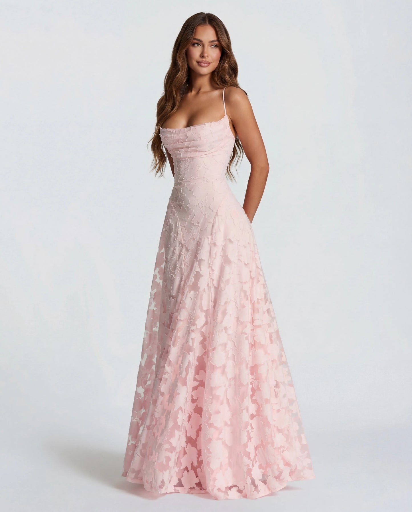 Women's Flowy Floral Maxi Wedding Guest Dress with Straight Neckline