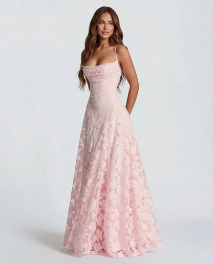 Women's Flowy Floral Maxi Wedding Guest Dress with Straight Neckline