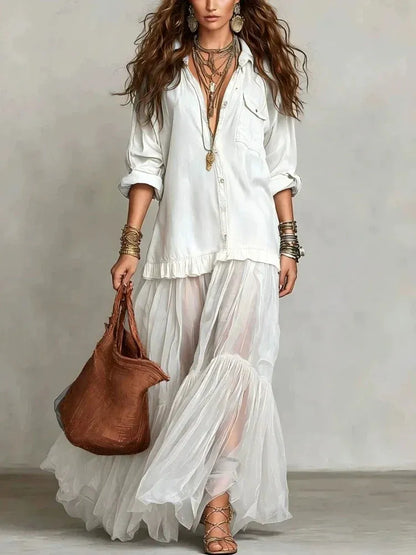 Women’s Flowy Long Sleeve Maxi Wedding Guest Dress with Layered Hem