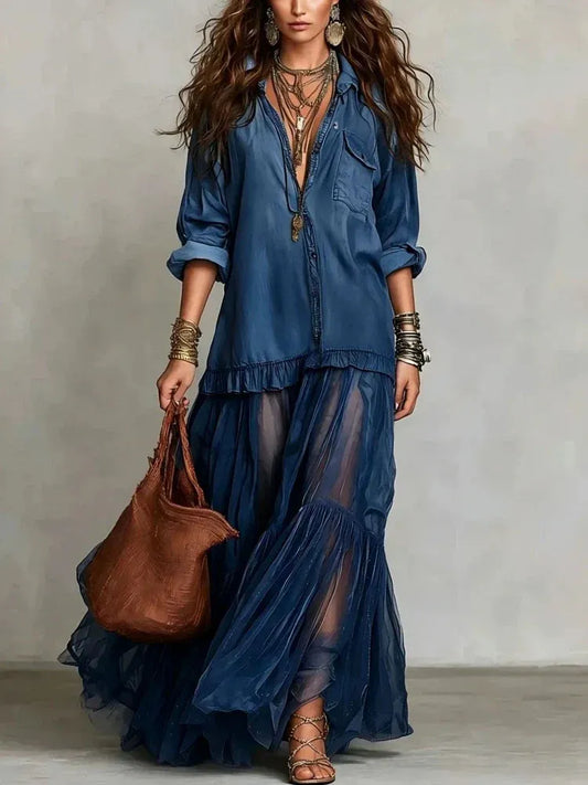 Women’s Flowy Long Sleeve Maxi Wedding Guest Dress with Layered Hem
