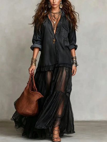 Women’s Flowy Long Sleeve Maxi Wedding Guest Dress with Layered Hem