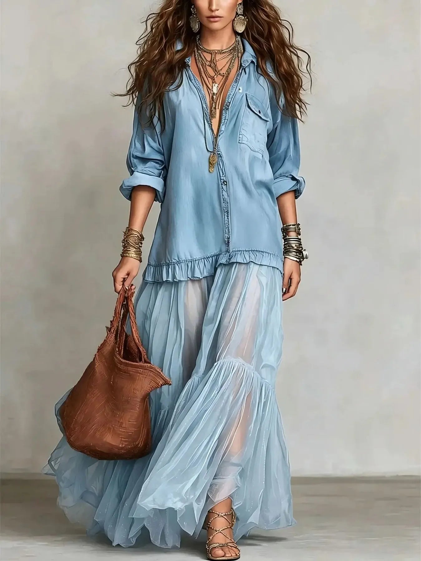 Women’s Flowy Long Sleeve Maxi Wedding Guest Dress with Layered Hem