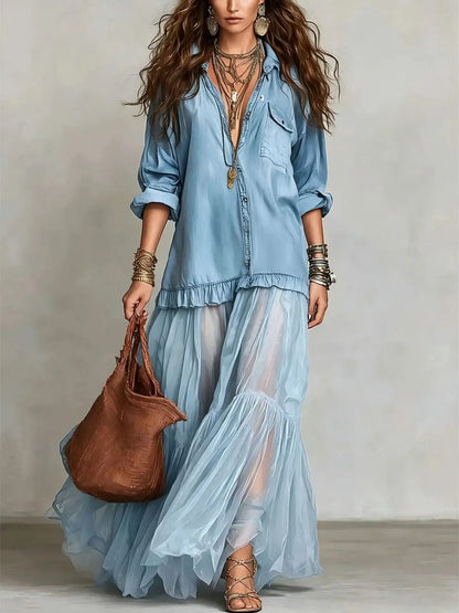 Women’s Flowy Long Sleeve Maxi Wedding Guest Dress with Layered Hem