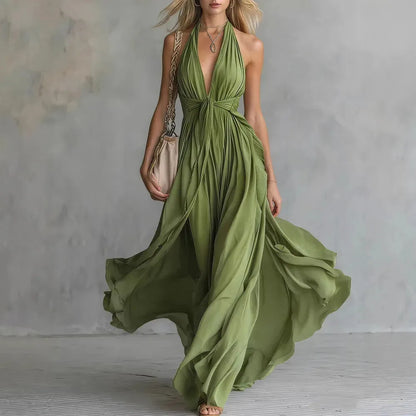 Women’s Flowy Pleated Maxi Wedding Guest Dress with Halter Neck