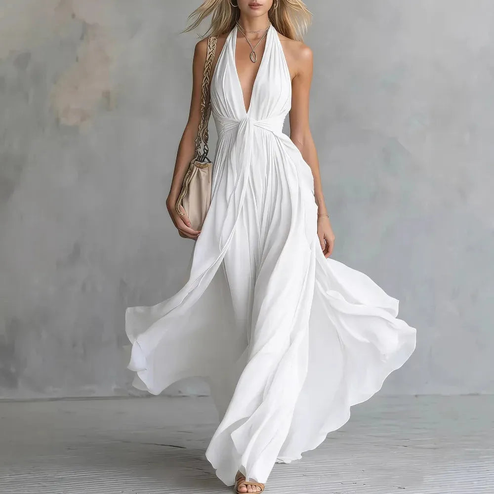 Women’s Flowy Pleated Maxi Wedding Guest Dress with Halter Neck